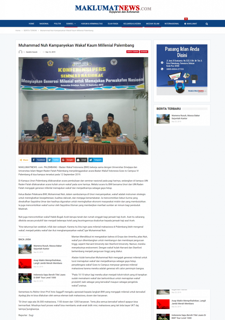 Muhammad Nuh Kampanyekan Wakaf Kaum Millenial Palembang  - screenshot maklumatnews - Muhammad Nuh Kampanyekan Wakaf Kaum Millenial Palembang