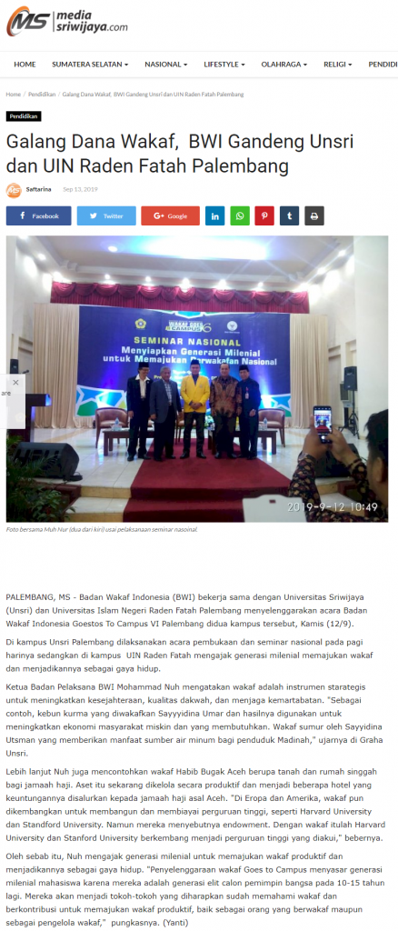 - screenshot www - Galang Dana Wakaf, BWI Gandeng Unsri, dan UIN Raden Fatah Palembang
