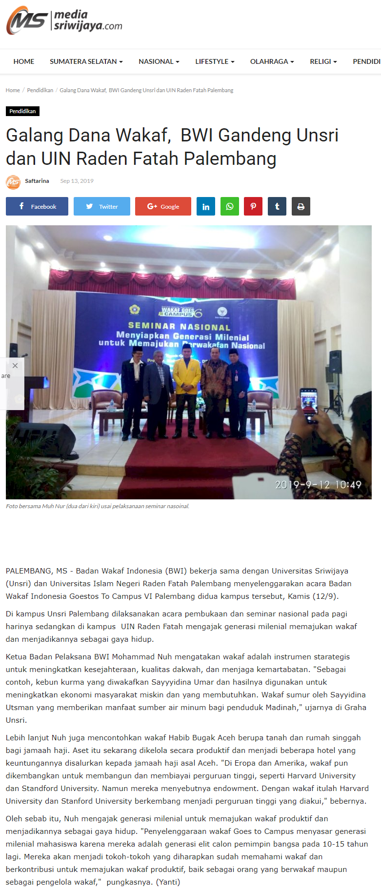 Galang Dana Wakaf, BWI Gandeng Unsri, dan UIN Raden Fatah Palembang  - screenshot www - Galang Dana Wakaf, BWI Gandeng Unsri, dan UIN Raden Fatah Palembang